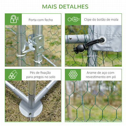 PawHut Galinheiro para Exterior Grande 2,8x3,8x1,97m Galinheiro para 6-12 Galinhas de Aço Galvanizado com Teto de Tecido Oxford para Coelhos Aves Prata