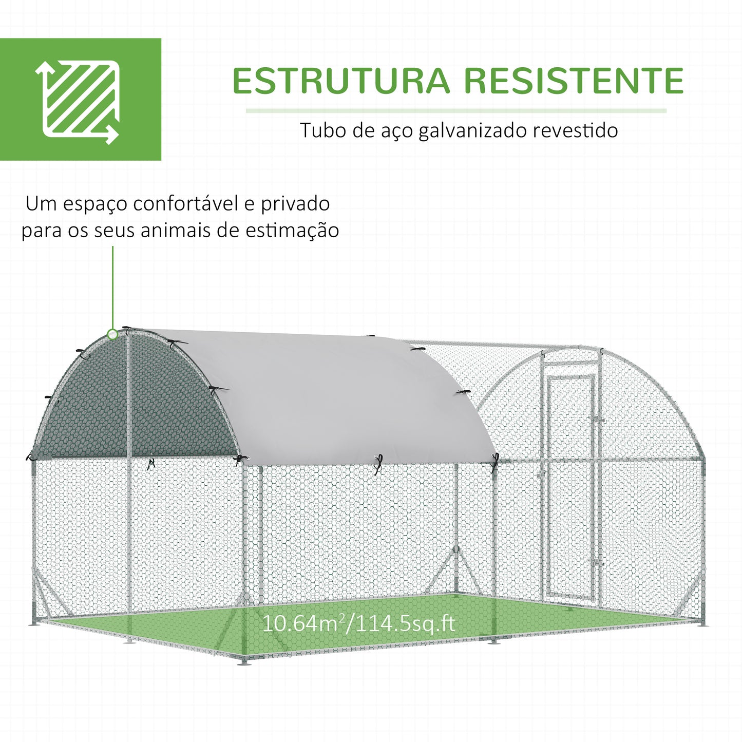 PawHut Galinheiro para Exterior Grande 2,8x3,8x1,97m Galinheiro para 6-12 Galinhas de Aço Galvanizado com Teto de Tecido Oxford para Coelhos Aves Prata