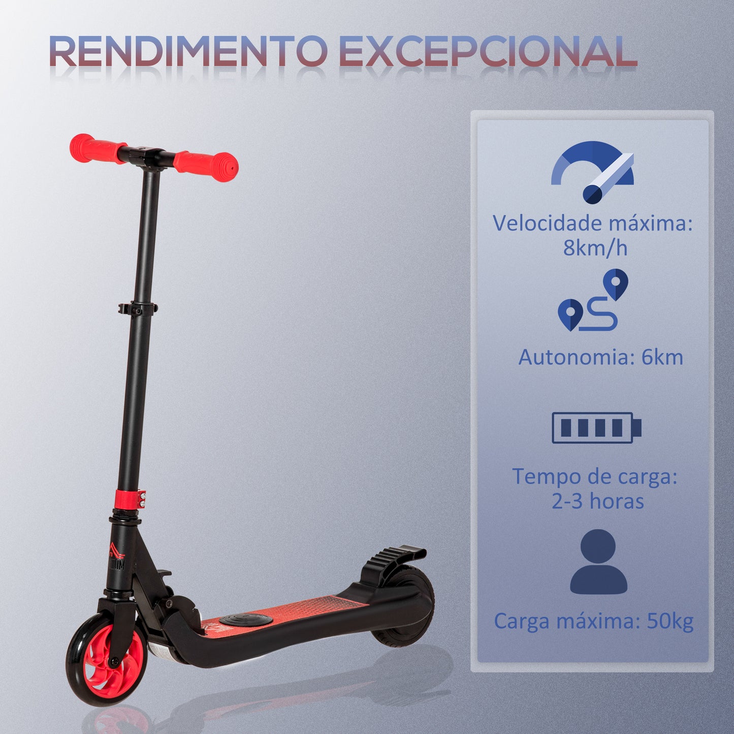 HOMCOM Trotinete Elétrica para Crianças acima de 6 Anos Trotinete Elétrica Dobrável com Altura Ajustável Bateria 24V Velocidade Máxima 8km/h Carga Máxima 50kg 71x36,5x75-80cm Vermelho