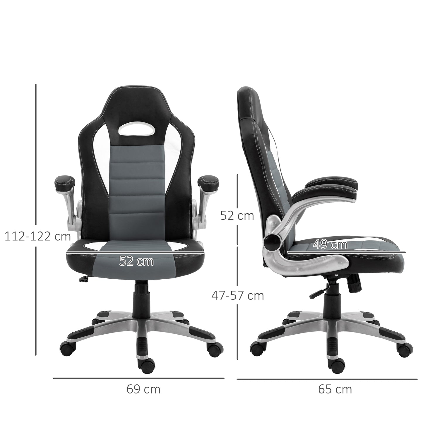 HOMCOM Cadeira de escritório ergonômica Altura ajustável apoio de Braço dobrável com 5 rodas Carga 120 kg 65x69x112-122 cm cinza