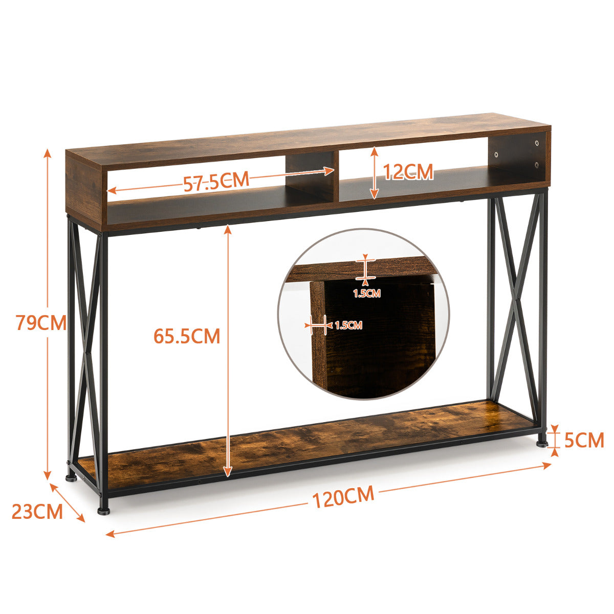Consola "Varden" - 120 x 23 x 79 cm - Castanho | Mesa Auxiliar com 2 Níveis e Estrutura Metálica para Entrada, Sala ou Corredor