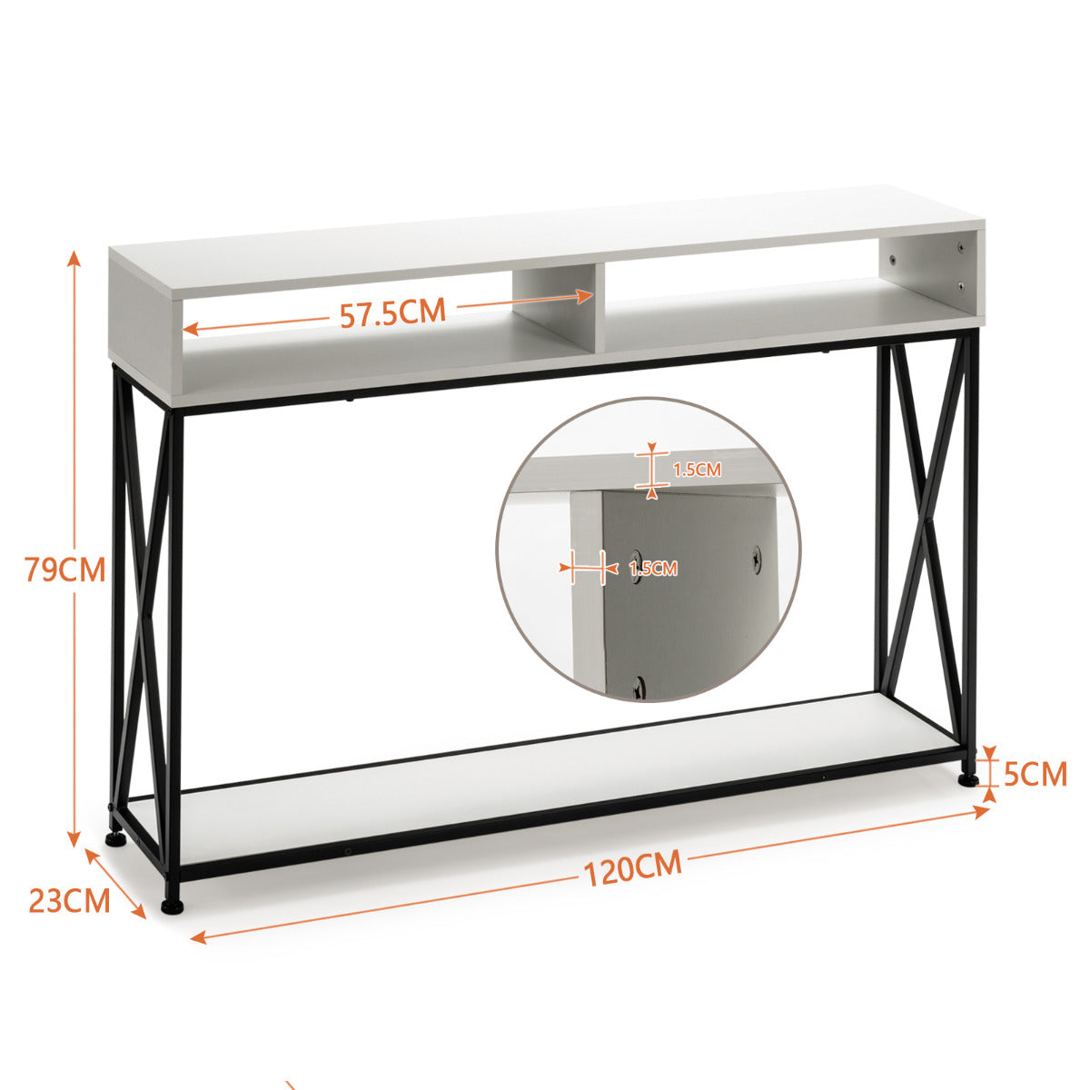 Consola "Varden" - 120 x 23 x 79 cm - Branco | Mesa Auxiliar com 2 Níveis e Estrutura Metálica para Entrada, Sala ou Corredor