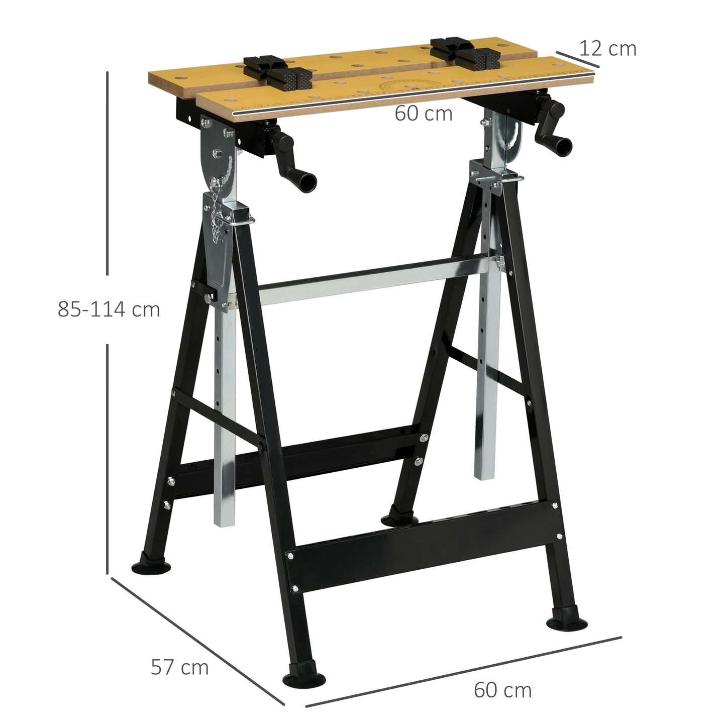 HOMCOM Bancada de trabalho ajustável em altura com 4 pinos giratórios com tabletes ajustáveis em ângulo e distância 65x60.5x85-110 cm Madeira natural e preta