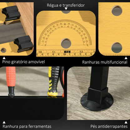 HOMCOM Bancada de trabalho ajustável em altura com 4 pinos giratórios com tabletes ajustáveis em ângulo e distância 65x60.5x85-110 cm Madeira natural e preta