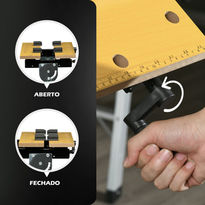 HOMCOM Bancada de trabalho ajustável em altura com 4 pinos giratórios com tabletes ajustáveis em ângulo e distância 65x60.5x85-110 cm Madeira natural e preta