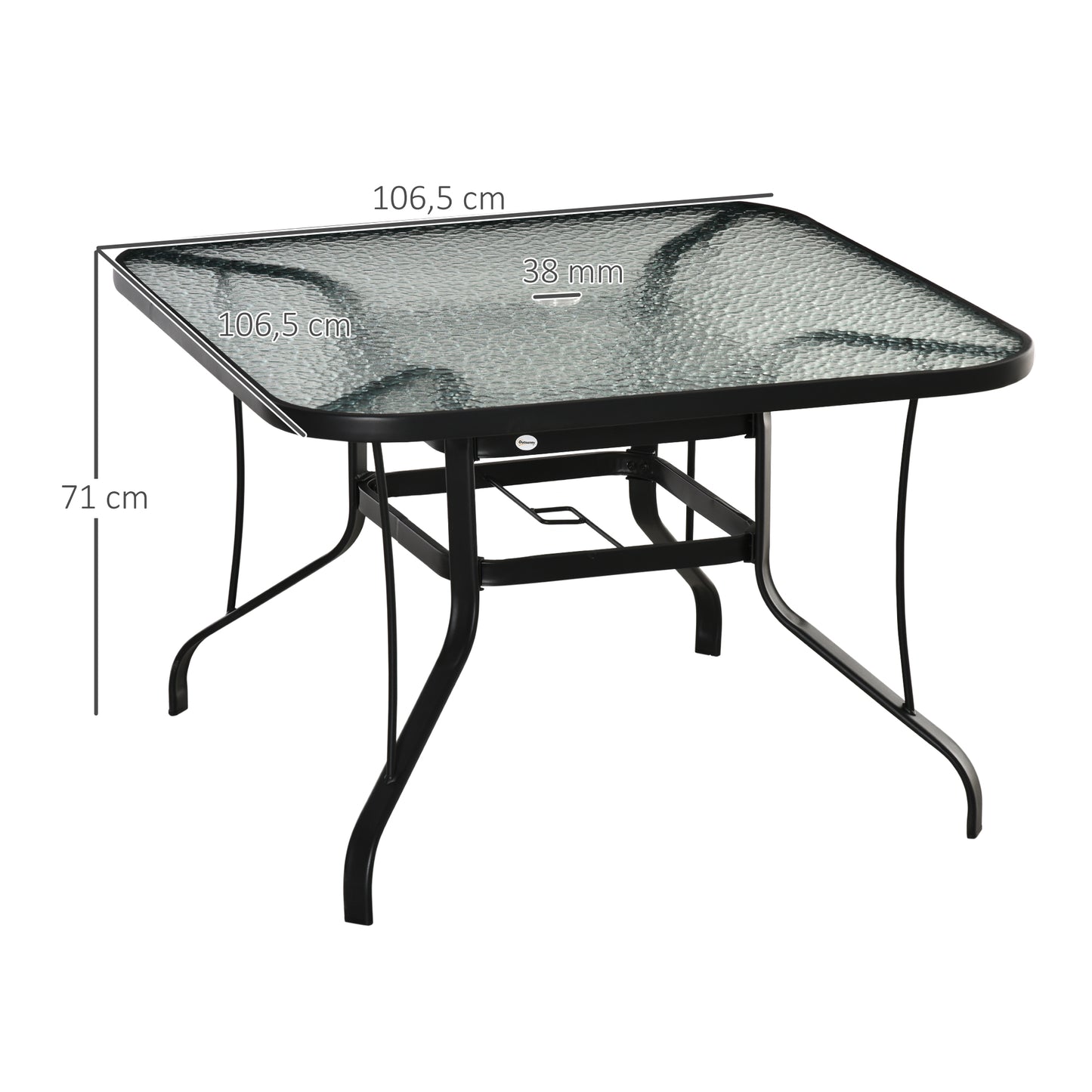 Outsunny Mesa de Cristal de Jardim com Orifício para Chapéu de Sol Mesa Quadrada de Exterior Terraço Varanda com Estrutura de Aço 106,5x106,5x71cm Transparente e Preto