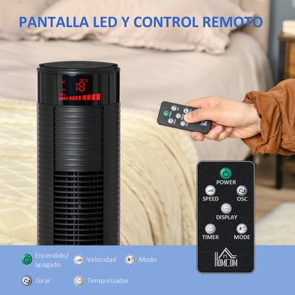 HOMCOM Ventoinha de Coluna Altura 96cm 45W com Controle Remoto 3 Velocidades 4 Modos de Funcionamento e Oscilação de 70° Tela LED Tátil Temporizador de 12H Silencioso e Alça de Transporte Preto