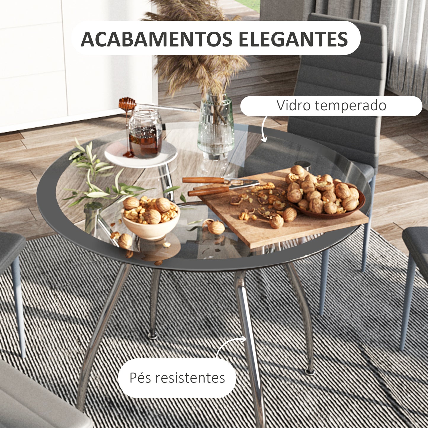 HOMCOM Conjunto de Refeição Mesa e 4 Cadeiras Conjunto de 5 Peças Mesa Redonda de Vidro Temperado Ø90x75 cm e 4 Cadeiras 42x52x96 cm com Pés de Aço Carga Máxima 120 kg Cinza