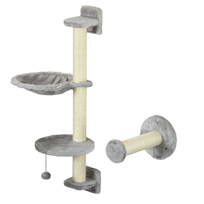 PawHut Prateleiras de Escalada para Gatos de Parede Conjunto de Prateleiras para Gatos 4 Peças com Rede Bola Plataformas de Saltar Poste de Sisal e Escada 84,5x19x54 cm Cinza e Bege