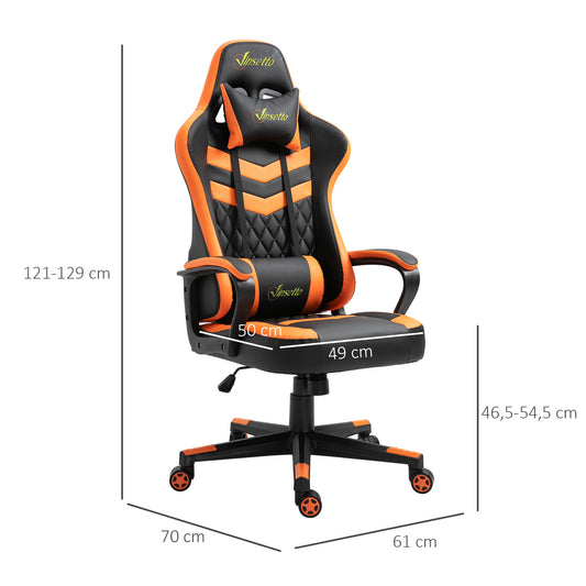 Vinsetto Cadeira Gaming Cadeira de Escritório Ergonómica com Altura Regulável Basculante com Apoio de Cabeça e Almofada Lombar 61x70x121-129 cm Laranja