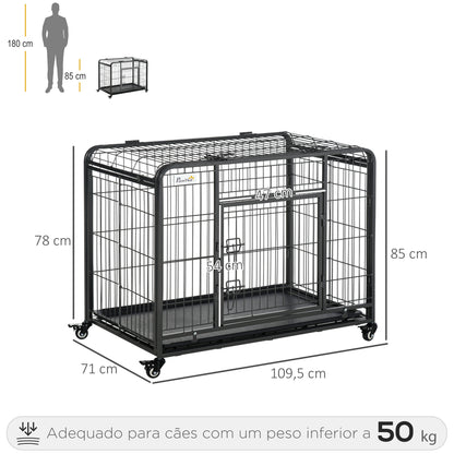 PawHut Gaiola de metal dobrável para cães com rodas e freios Bandeja removível e porta com travas 109,5x71x78 cm Cinza escuro