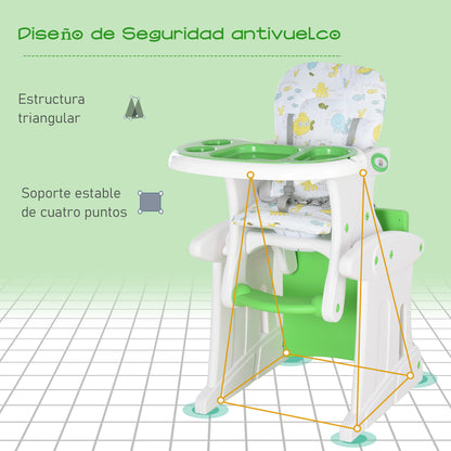 HOMCOM Cadeira para bebês 3 em 1 por mais de 6 meses Transformar em mesa e cadeira multifuncional Ajustável em 3 posições encosto alto Acolchoado Com 2 bandejas removíveis 57x59x105 cm Verde