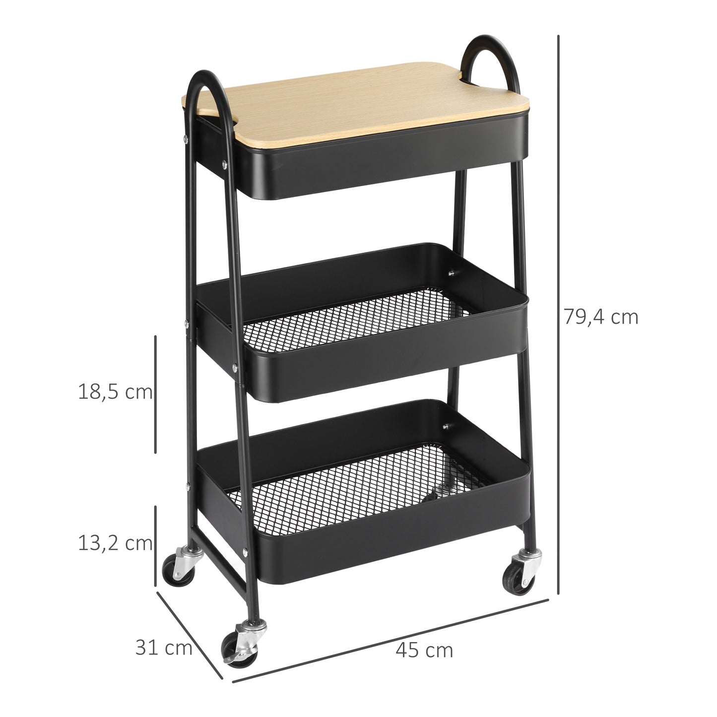 HOMCOM Carrinho Auxiliar com Rodas de 3 Níveis Carrinho de Cozinha com 3 Cestas de Aço e 1 Bancada de Madeira para Sala de Estar Casa de Banho 45x31x79,4 cm Preto