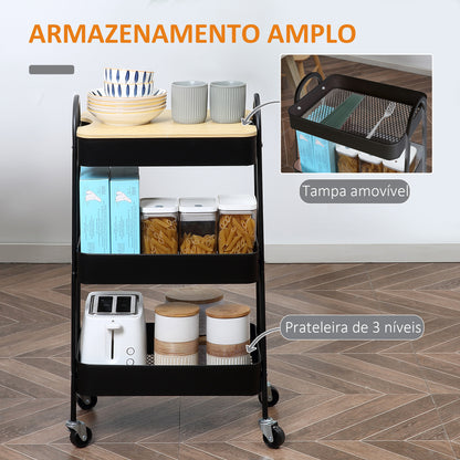 HOMCOM Carrinho Auxiliar com Rodas de 3 Níveis Carrinho de Cozinha com 3 Cestas de Aço e 1 Bancada de Madeira para Sala de Estar Casa de Banho 45x31x79,4 cm Preto