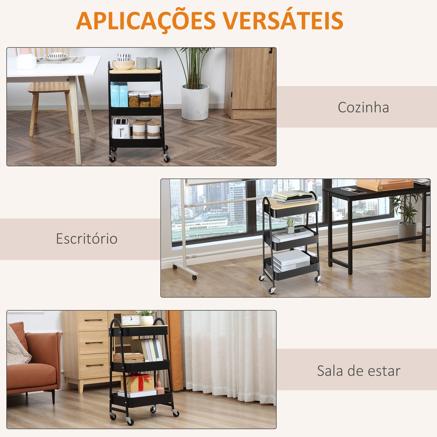 HOMCOM Carrinho Auxiliar com Rodas de 3 Níveis Carrinho de Cozinha com 3 Cestas de Aço e 1 Bancada de Madeira para Sala de Estar Casa de Banho 45x31x79,4 cm Preto