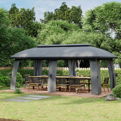 Pérgola de Jardim 3x6m com Teto Duplo com 6 Telas Mosquiteiras Zíper e Estrutura de Metal Cinza Escuro