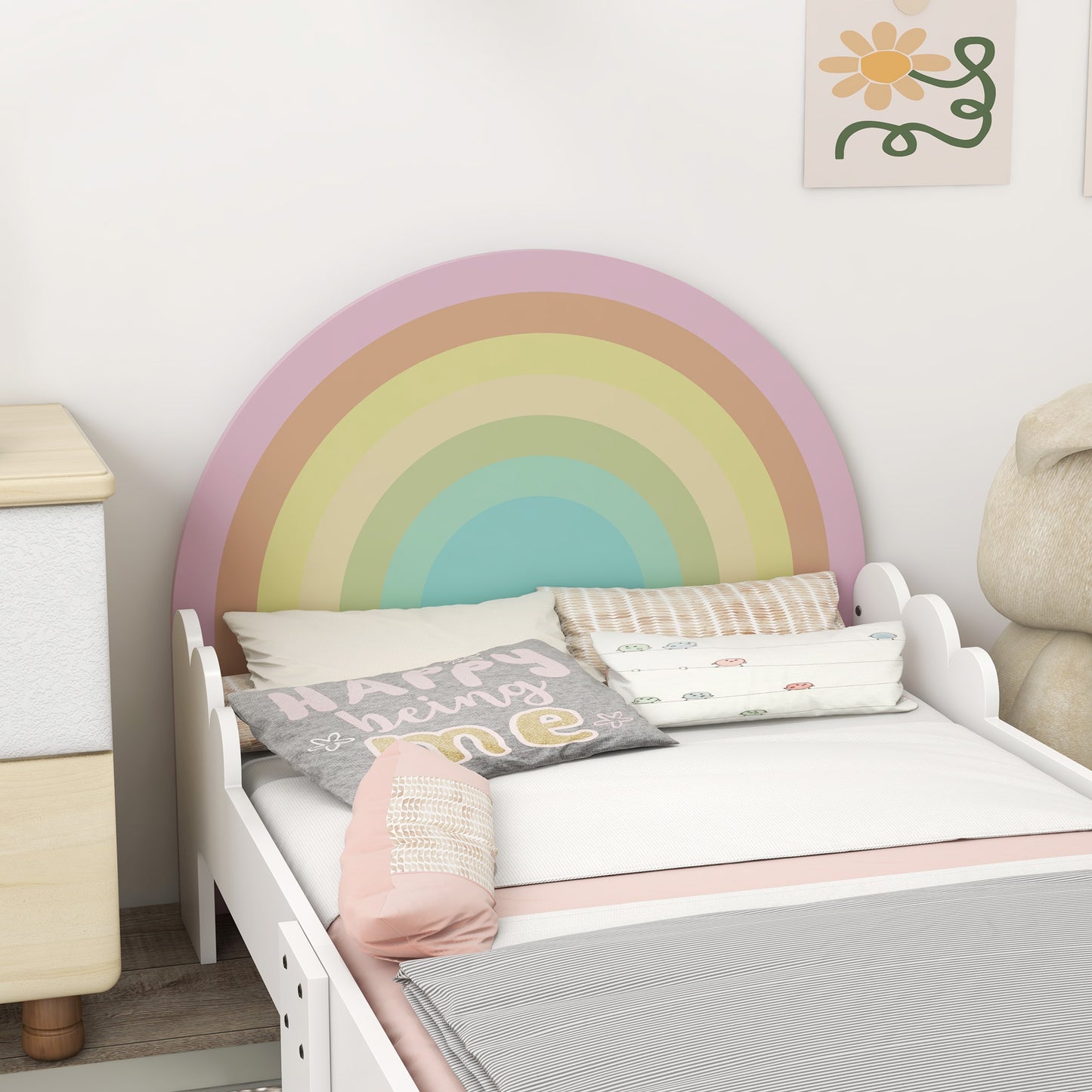 ZONEKIZ Cama para Crianças de 3-6 Anos 143x74x66 cm Cama Infantil de Madeira em Forma de Arco Íris Móvel de Dormitório Moderno Carga 80 kg Rosa