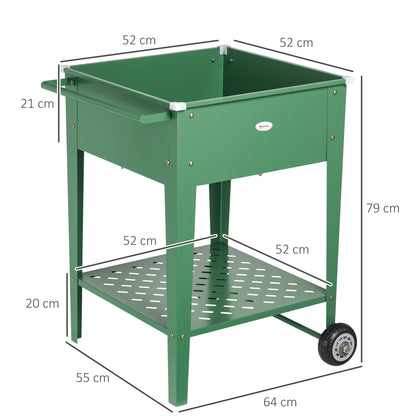 Outsunny Horta Vertical Elevada com Rodas Floreira de Exterior de Aço Galvanizado 64x55x79 cm com Prateleira e Alça Lateral para Cultivo de Plantas Flores Verduras Verde