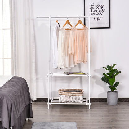 HOMCOM Suporte para Cabide Dobrável Suporte para Cabide com 2 Prateleiras e 1 Barras para Pendurar Roupas para Sala Quarto Entrada 107,5x45x150 cm Branco