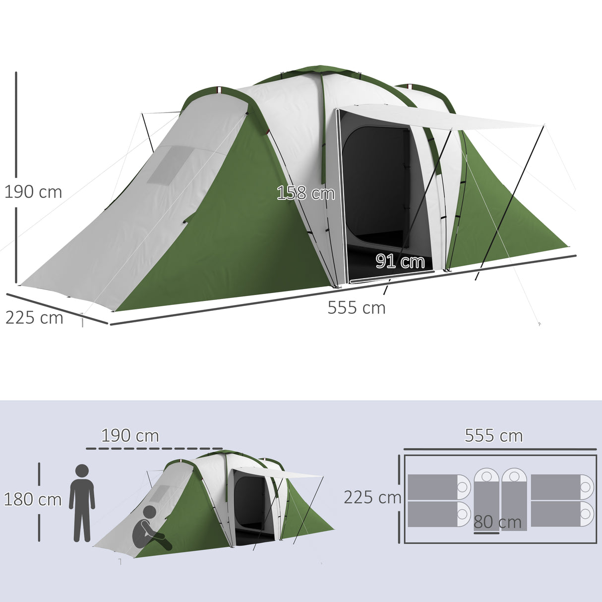 Outsunny Tenda de Campismo Familiar para 4-6 Pessoas com 2 Dormitórios Tenda de Campismo Grande Impermeável 3000 mm com Bolsa de Transporte 555x225x190 cm Cinza e Verde