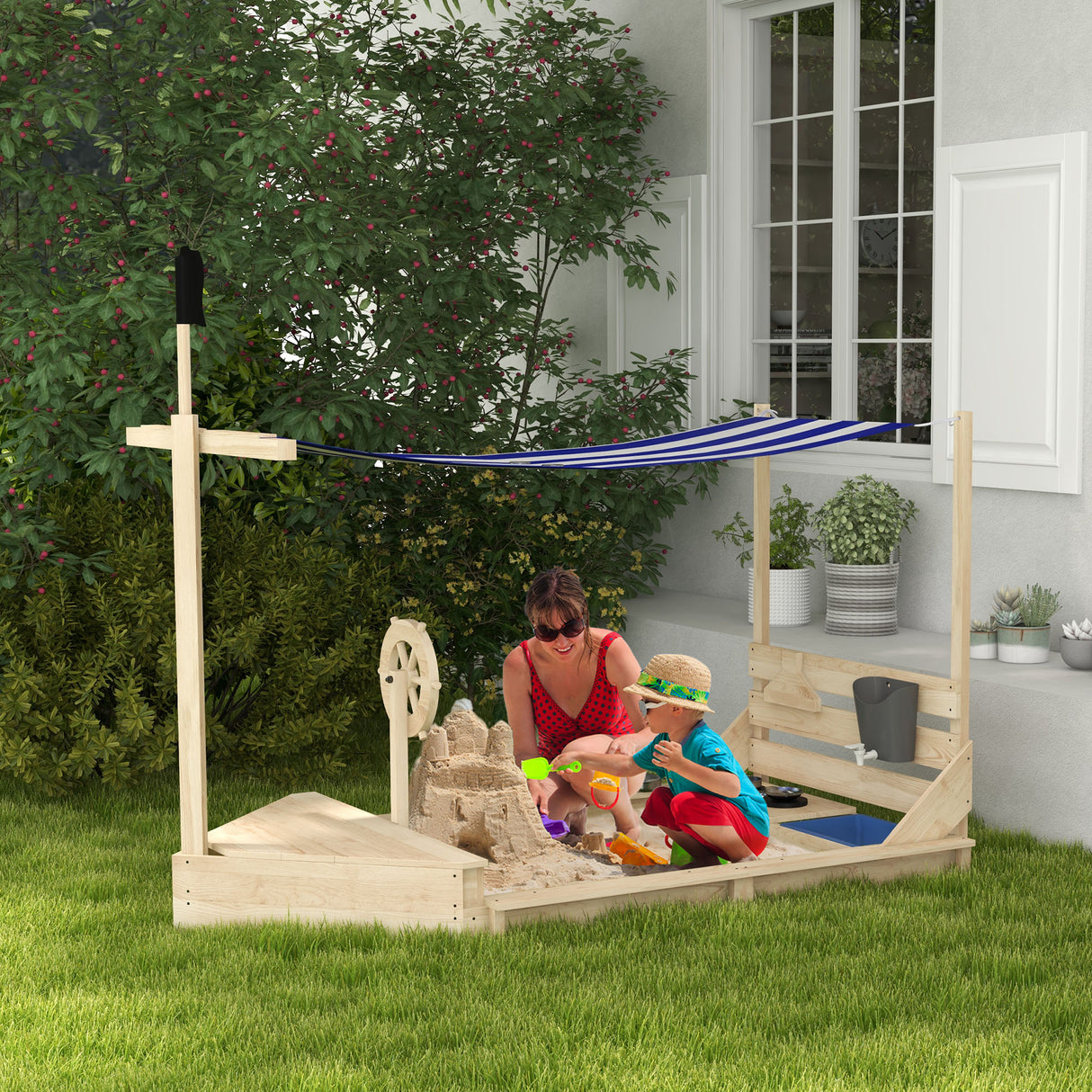 Outsunny Caixa de Areia para Crianças de Madeira Caixa de Areia Infantil com Toldo Volante Brinquedos de Cozinha e Forma de Barco Pirata para Pátio Jardim 180x103x144,5 cm Natural