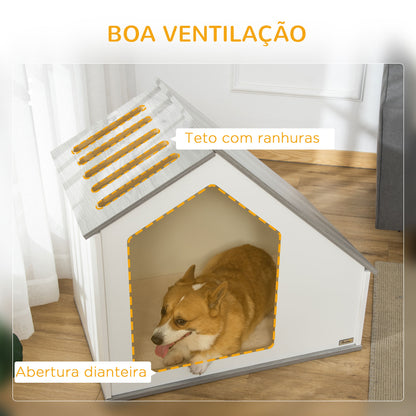 PawHut Casa de Madeira para Cães de Interior Casa para Animais de Estimação com Almofada Removível e Lavável com 5 Ventilações 84,5x54,5x75 cm Branco