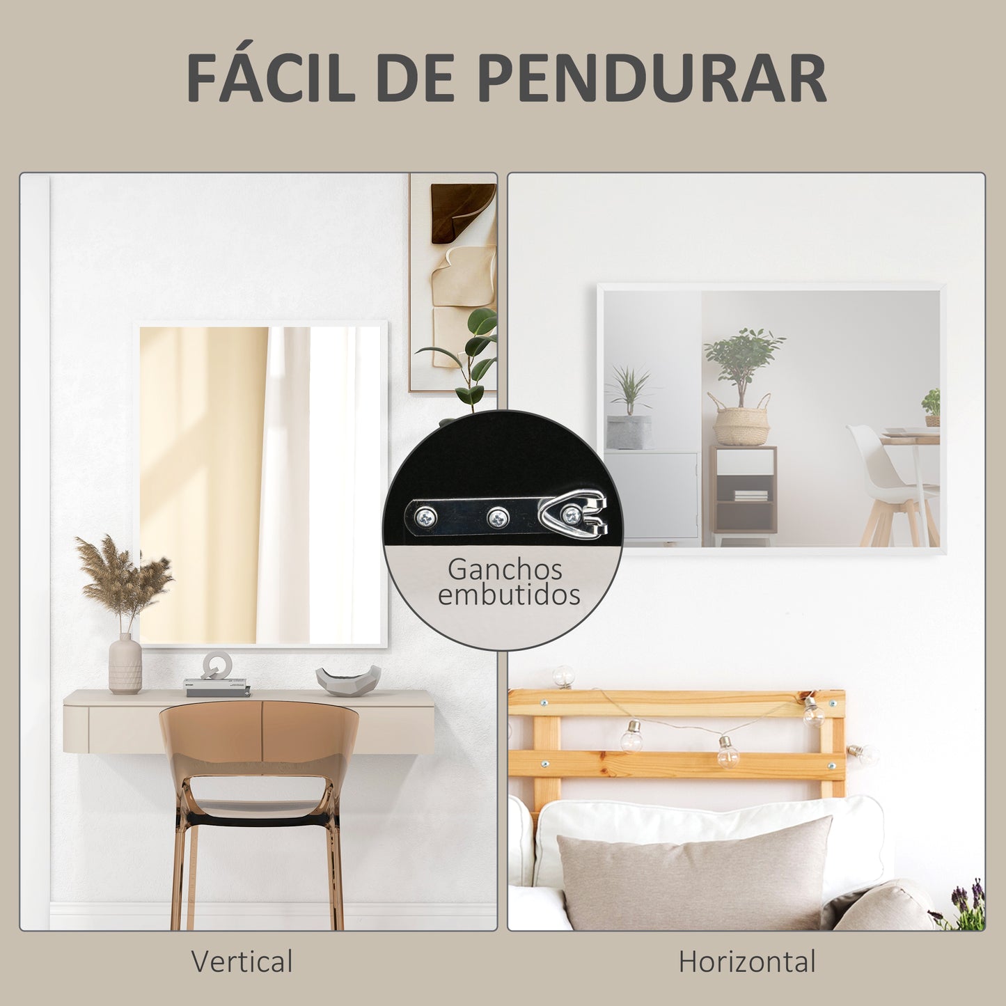 HOMCOM Espelho de Parede Decorativo 70x90 cm Espelho Retangular Espelho de Casa de Banho com 4 Ganchos Metálicos Estilo Moderno para Sala Quarto Entrada Branco