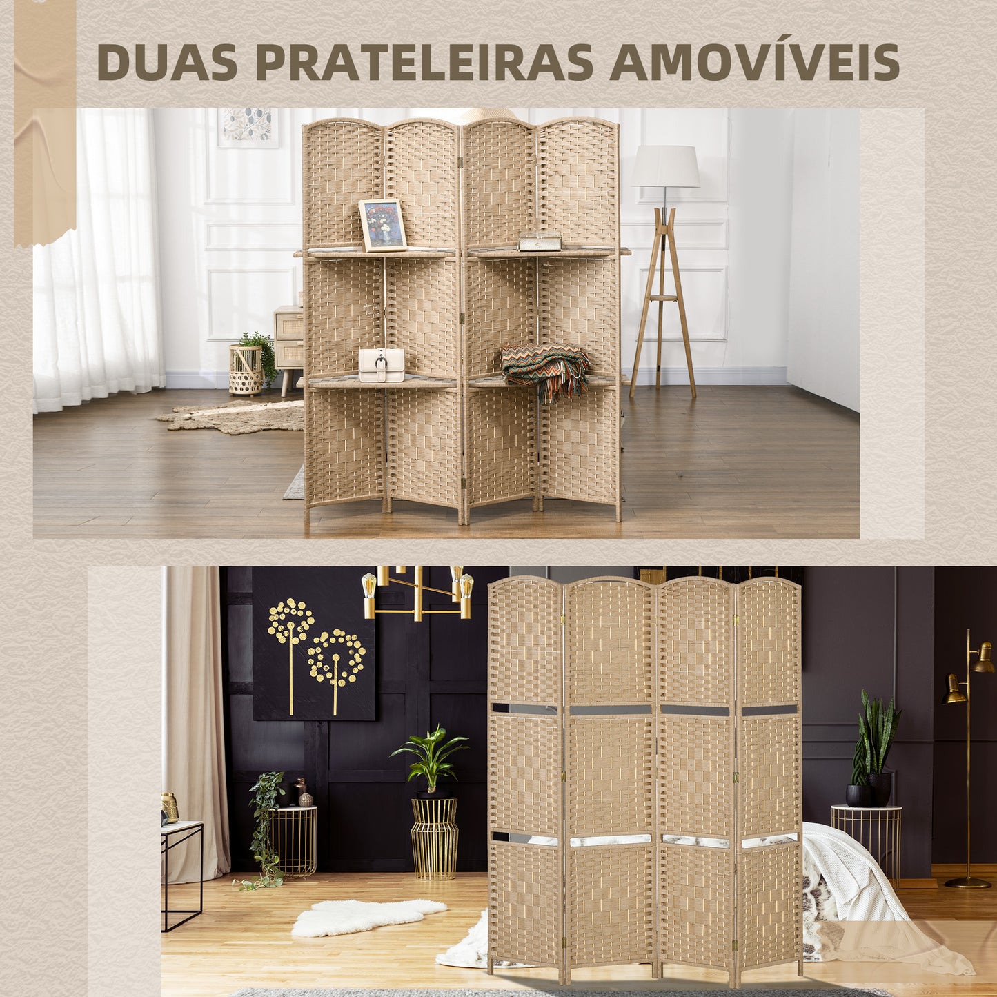 HOMCOM Biombo de 4 Painéis 160x170 cm Separador de Ambientes Dobrável com 2 Prateleiras de Exibição para Escritório Quarto Natural