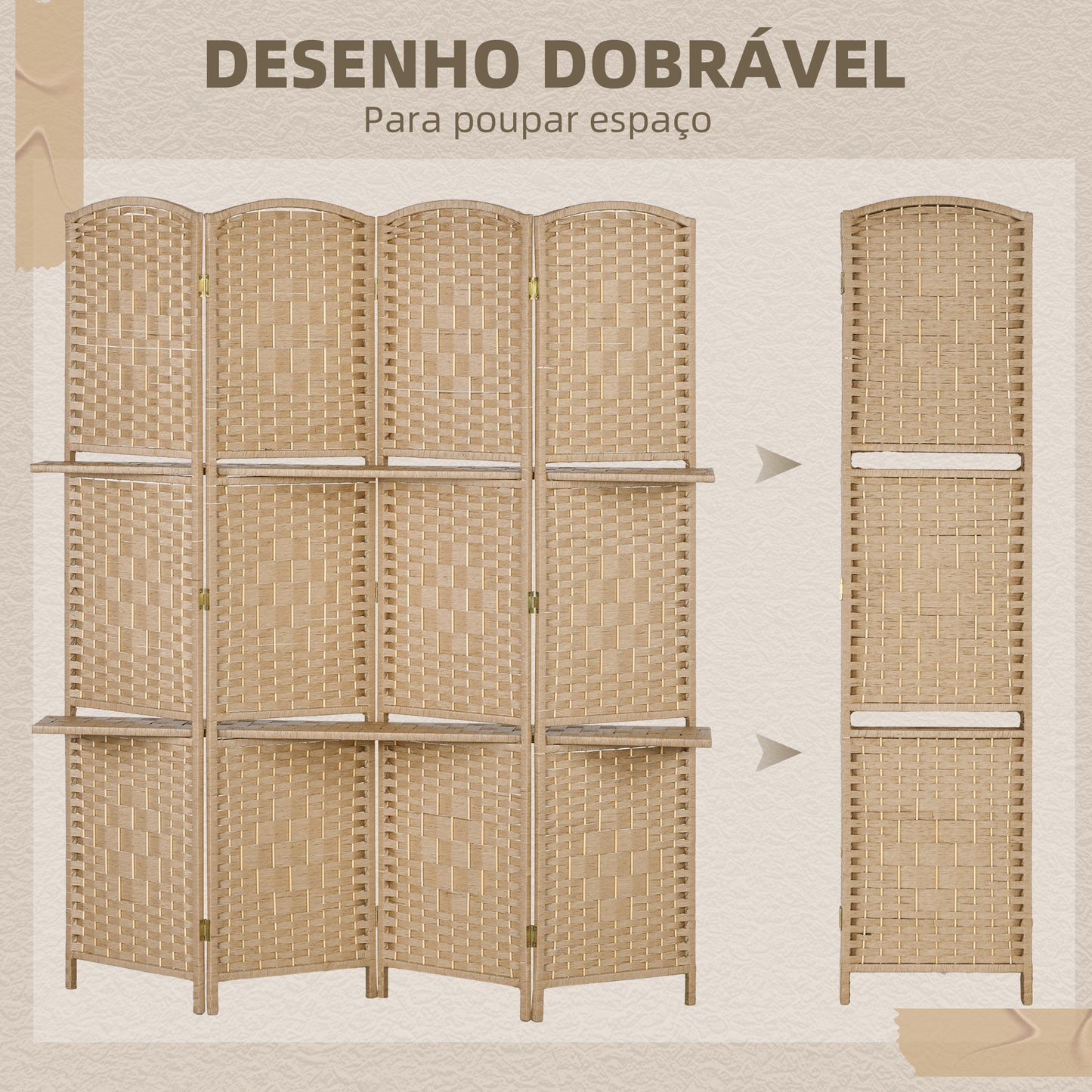 HOMCOM Biombo de 4 Painéis 160x170 cm Separador de Ambientes Dobrável com 2 Prateleiras de Exibição para Escritório Quarto Natural