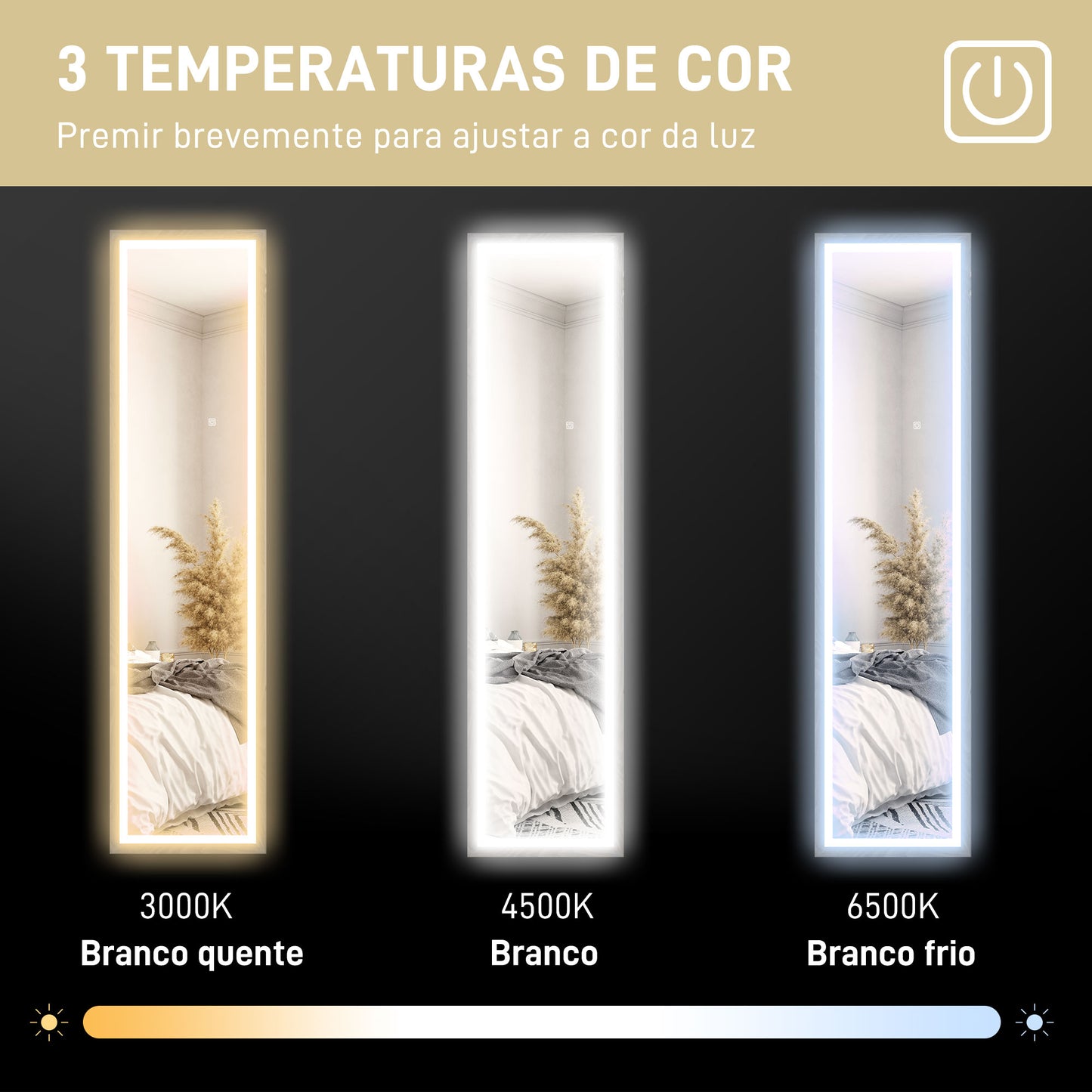 HOMCOM Espelho de Pé com Luz LED 40x160 cm Espelho de Corpo Inteiro com Iluminação de 3 Cores Tátil Função de Memória e Suporte para Sala de Estar Dormitório Cinza