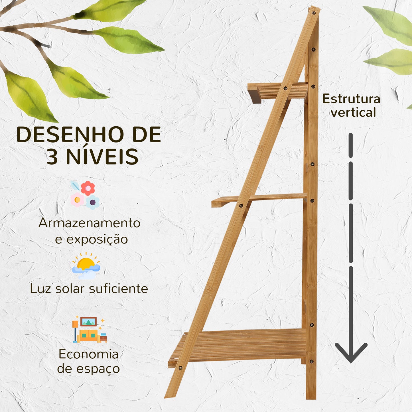 Outsunny Suporte para Plantas de 3 Níveis de Bambu Suporte para Flores Dobrável para Interior e Exterior 98x37x96,5cm Madeira