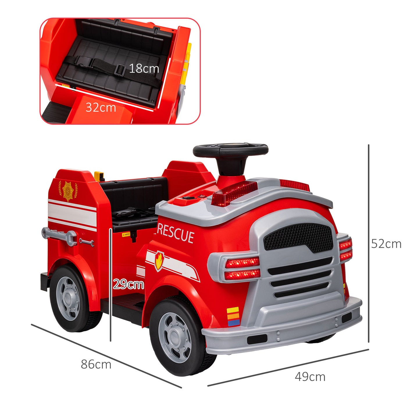 AIYAPLAY Carro Elétrico para Crianças acima de 3 Anos Caminhão de Bombeiros Elétrico para Crianças com Bateria de 12V Sirene Faróis Buzina e Música 86x49x52 cm Vermelho