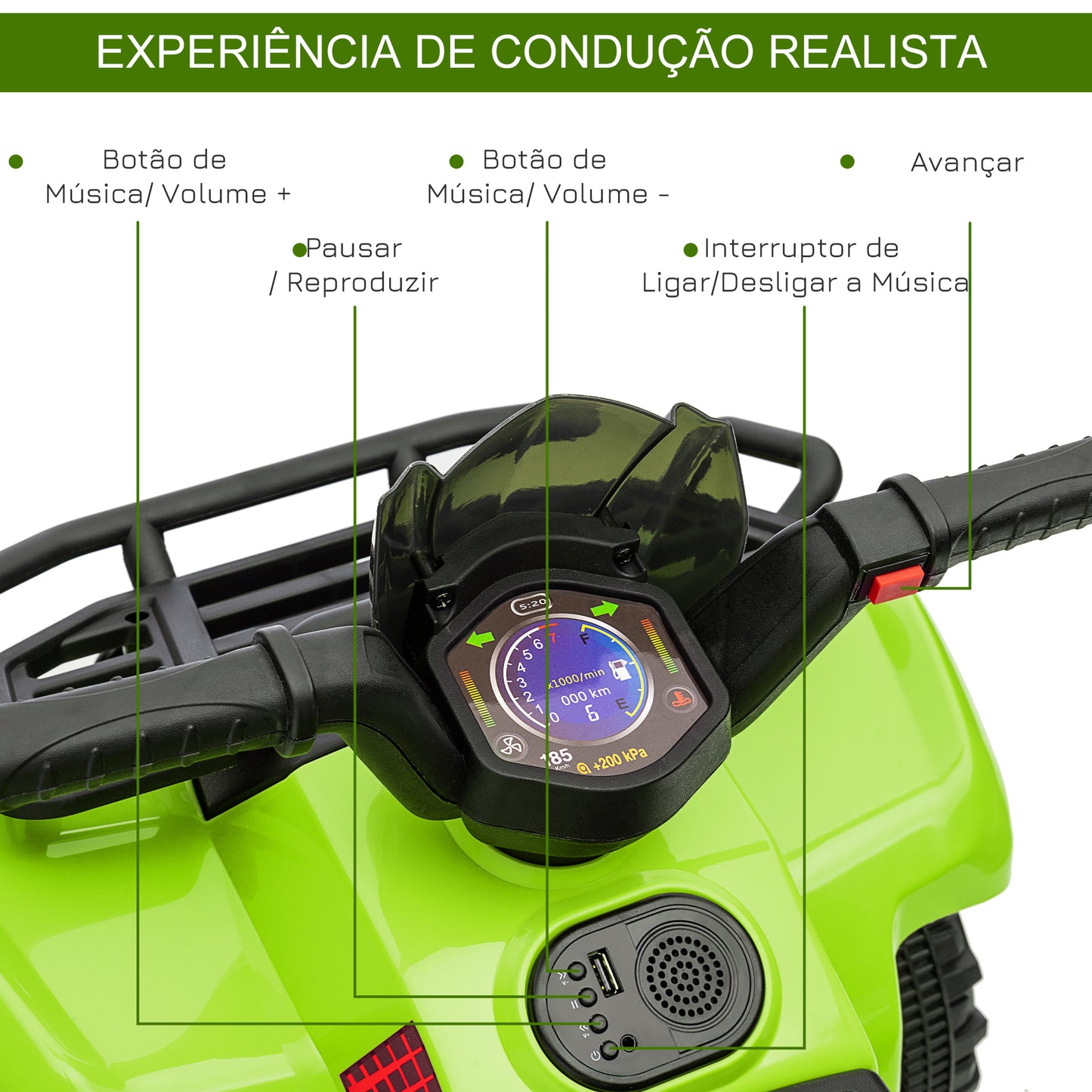 HOMCOM Quadriciclo Elétrico para Crianças de 18-36 Meses Veículo Elétrico a Bateria 6V Infantil com Velocidade 2km/h 70x42x45 cm Verde