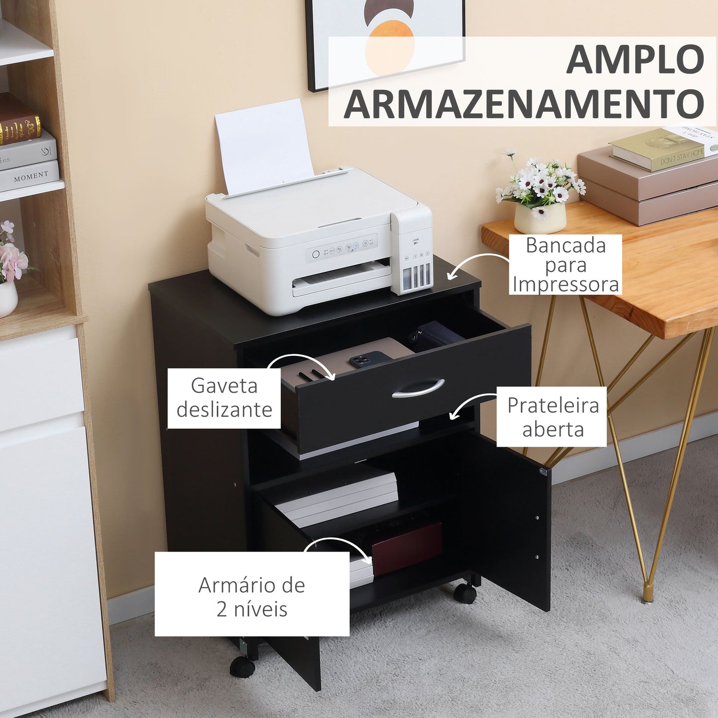 Vinsetto Armário para Impressora Móvel para Impressora com Rodas Gaveta 2 Portas e Compartimento Aberto para Sala de Estar Escritório Estúdio 60x39x80cm Preto