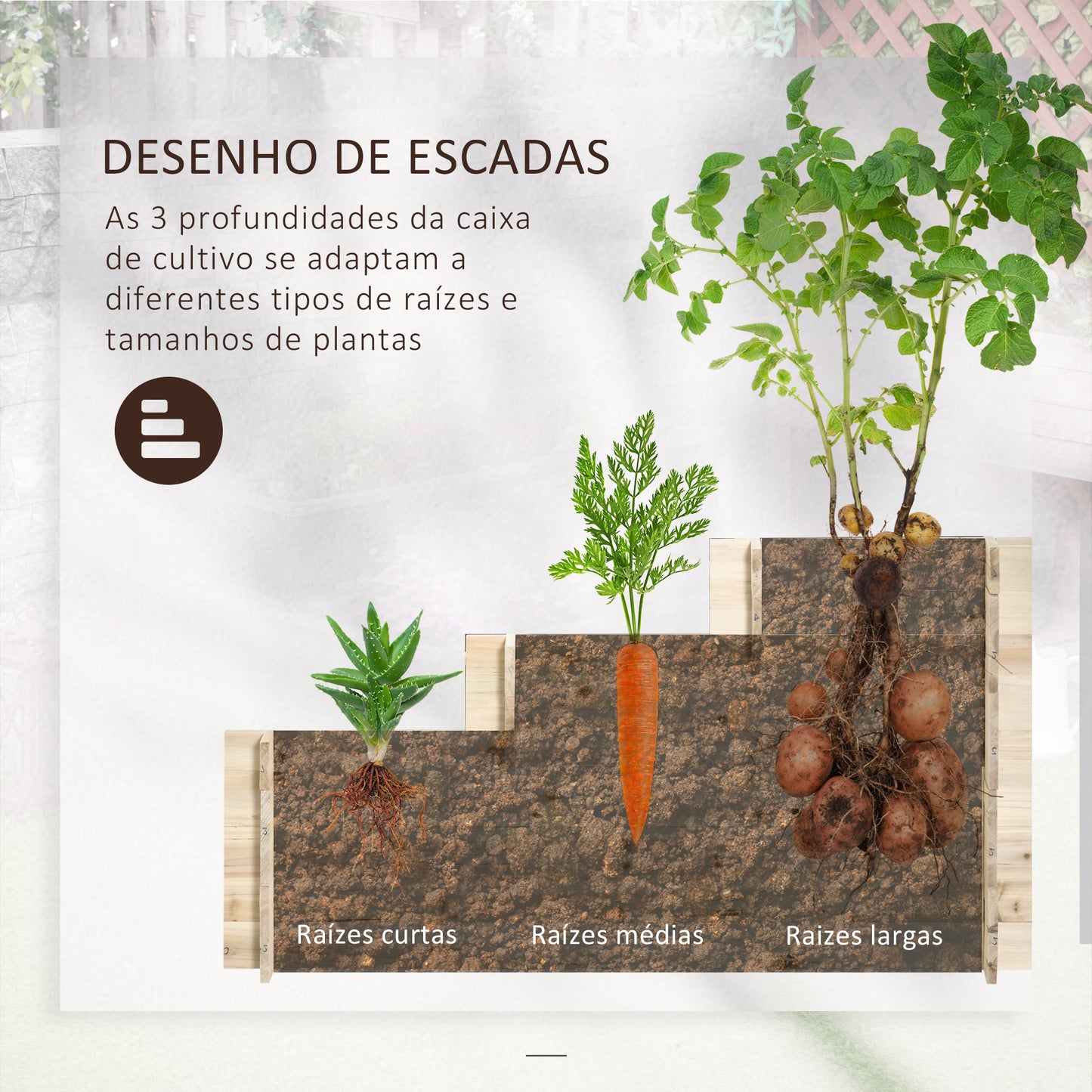 Outsunny Caixa de Plantio de Madeira de 3 Níveis Horta Vertical em Escada com Malha Geotextil para Cultivos de Plantas Flores para Jardim Terraço Exterior 117x100x54cm Natural