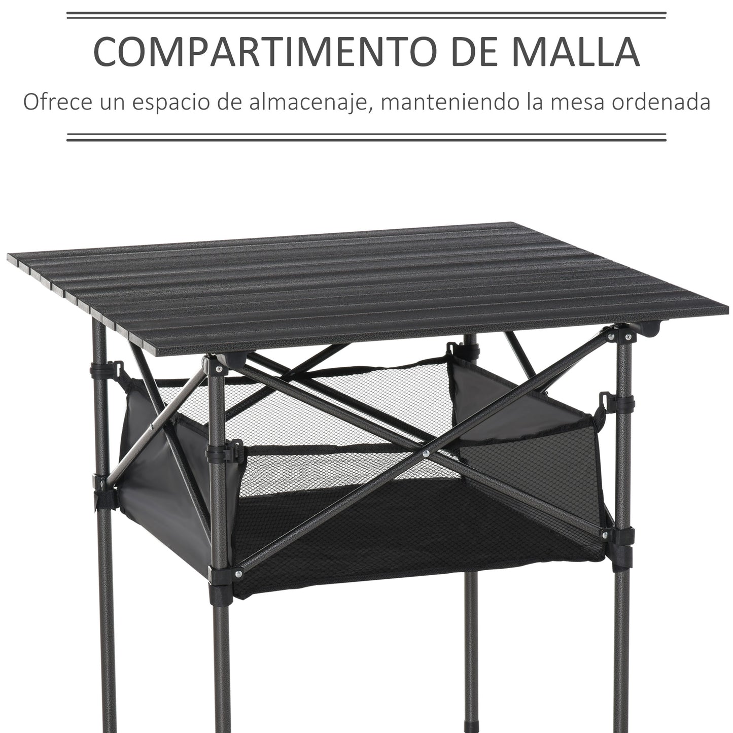 Outsunny Mesa dobrável de camping Mesa de piquenique com malha de armazenamento e bolsa de transporte 70x70x69 cm Preto