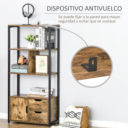 HOMCOM Estante para Livros com Armário e 2 Gavetas de Armazenamento Estante Estilo Industrial para Escritório Sala de Estar 58x24x122cm Marrom Rústico