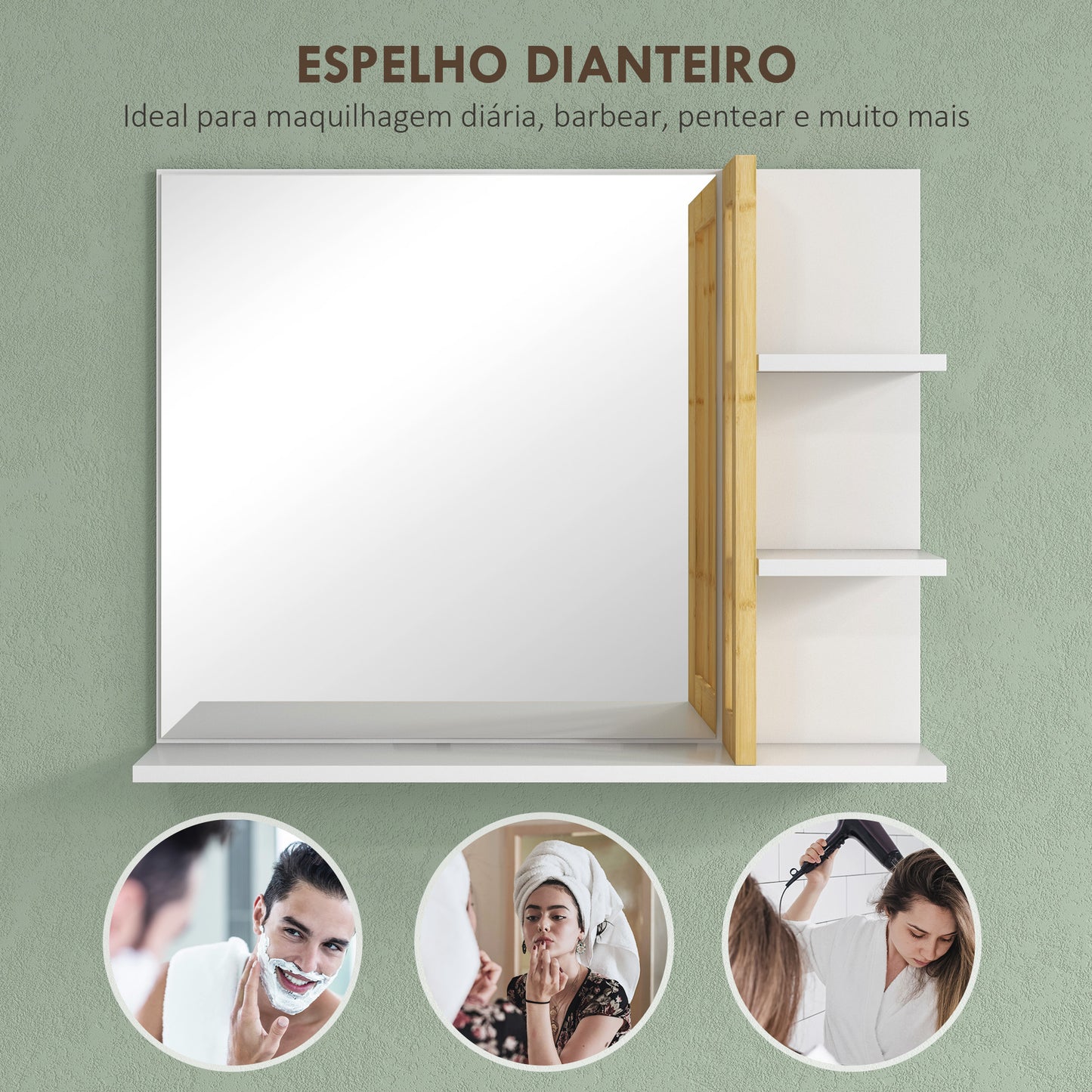 HOMCOM Espelho de Casa de Banho Espelho de Parede Moderno e Retangular com 4 Prateleiras de Armazenamento para Maquilhagem Vestuário 45x15x58,5 cm Branco