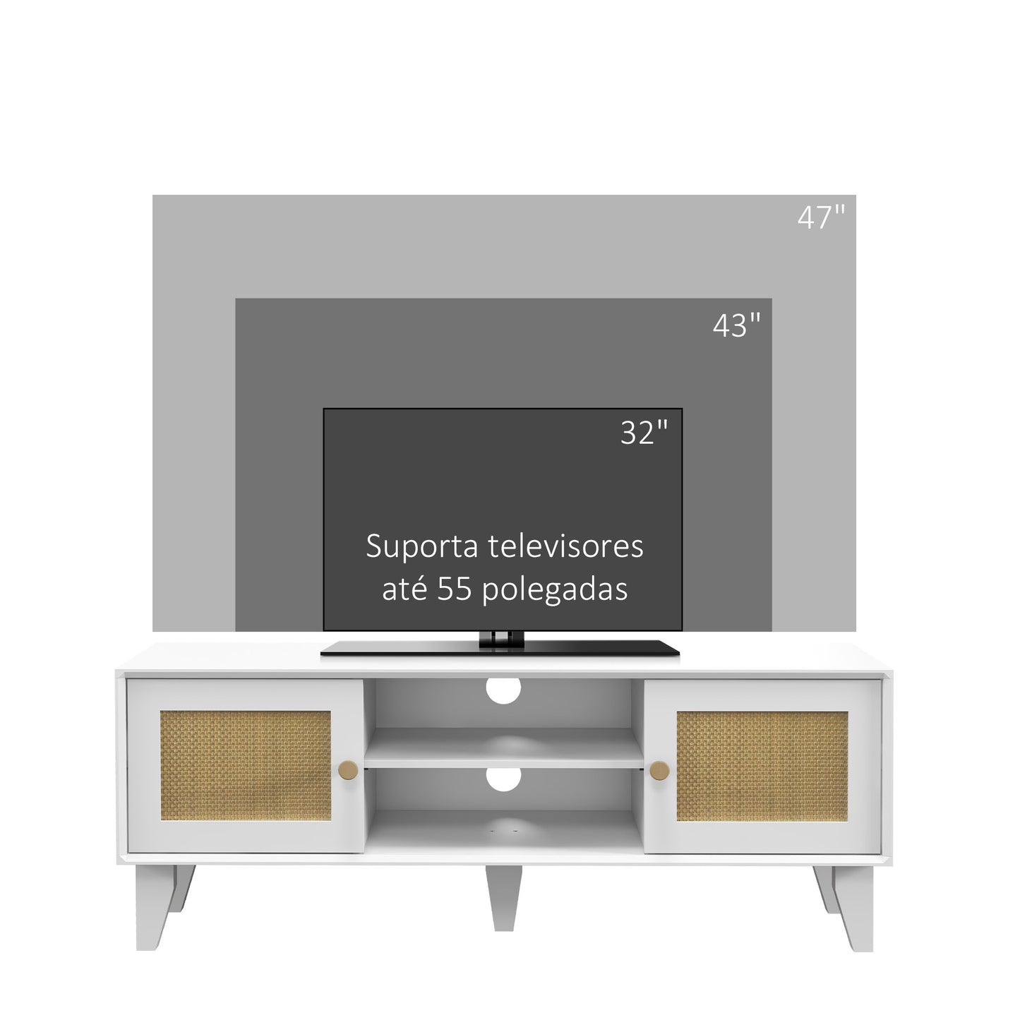 HOMCOM Móvel de TV Móvel de Sala de Estar para Televisores de até 55 Polegadas com 2 Portas de Vime e Prateleira Ajustável para Dormitório 120x35x46 cm Branco