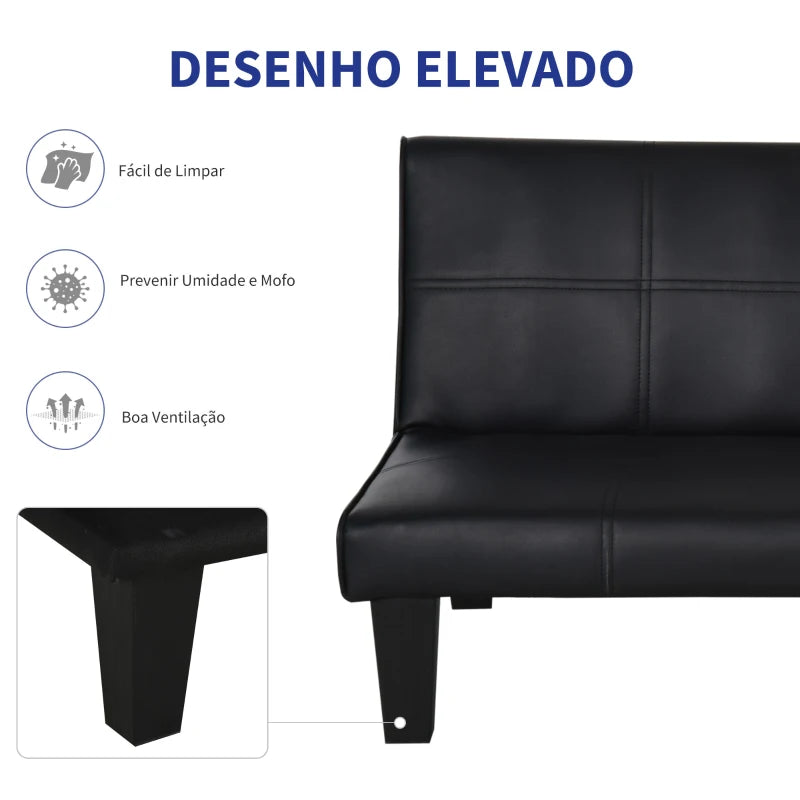 Sofá Cama Santarém em Couro Artificial - Preto - Design Moderno