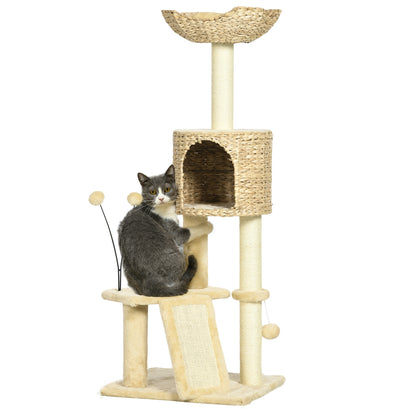 PawHut Arranhador para Gatos de 116 cm Torre para Gatos com Postes para Arranhar Cama Caverna de Taboa Rampa e Bolas 45x40x116 cm Bege