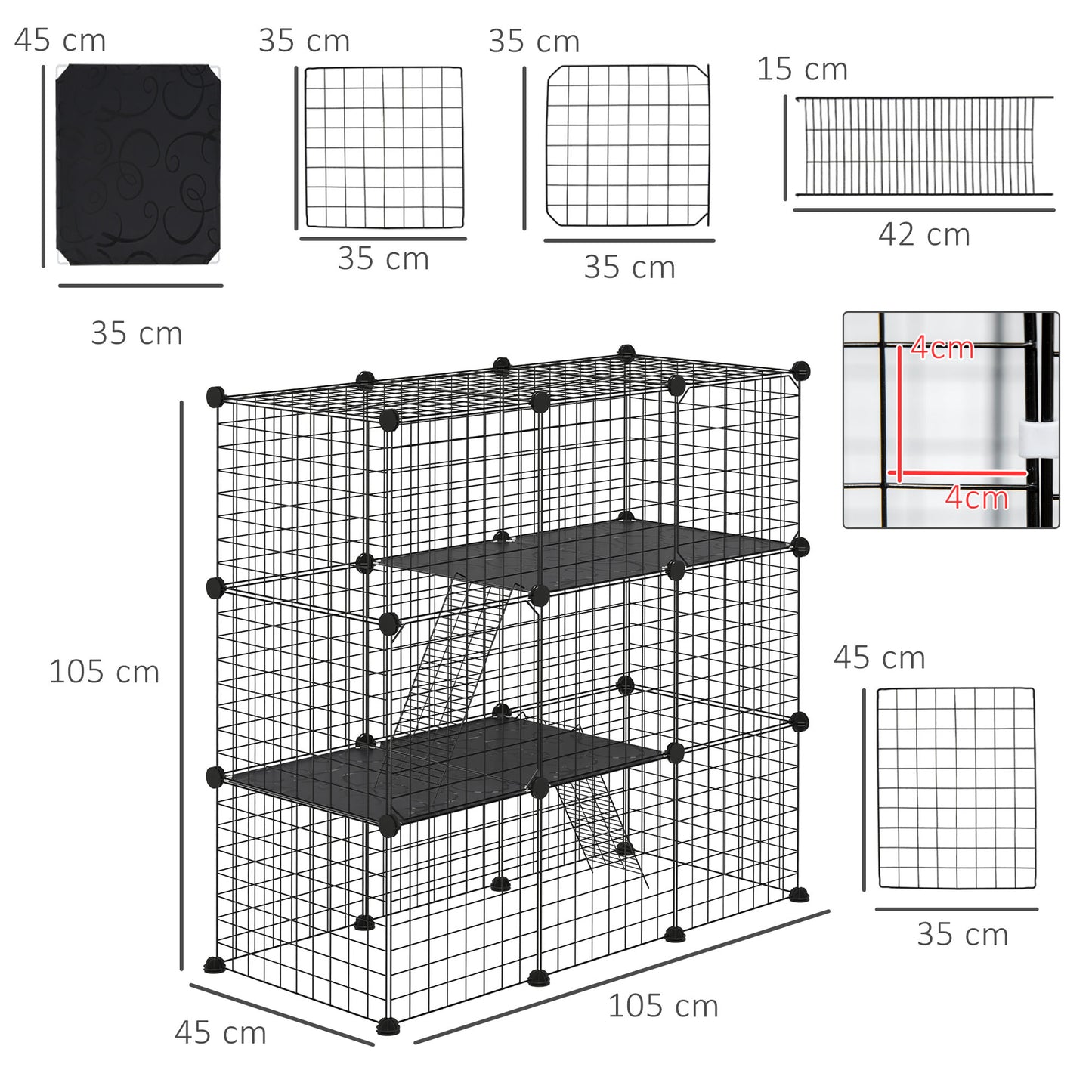 PawHut Recinto para Animais Pequenos com 31 Painéis Recinto para Animais de Estimação Personalizável com Rampa Portas para Cobaias Coelhos Chinchilas 105x45x105 cm Preto