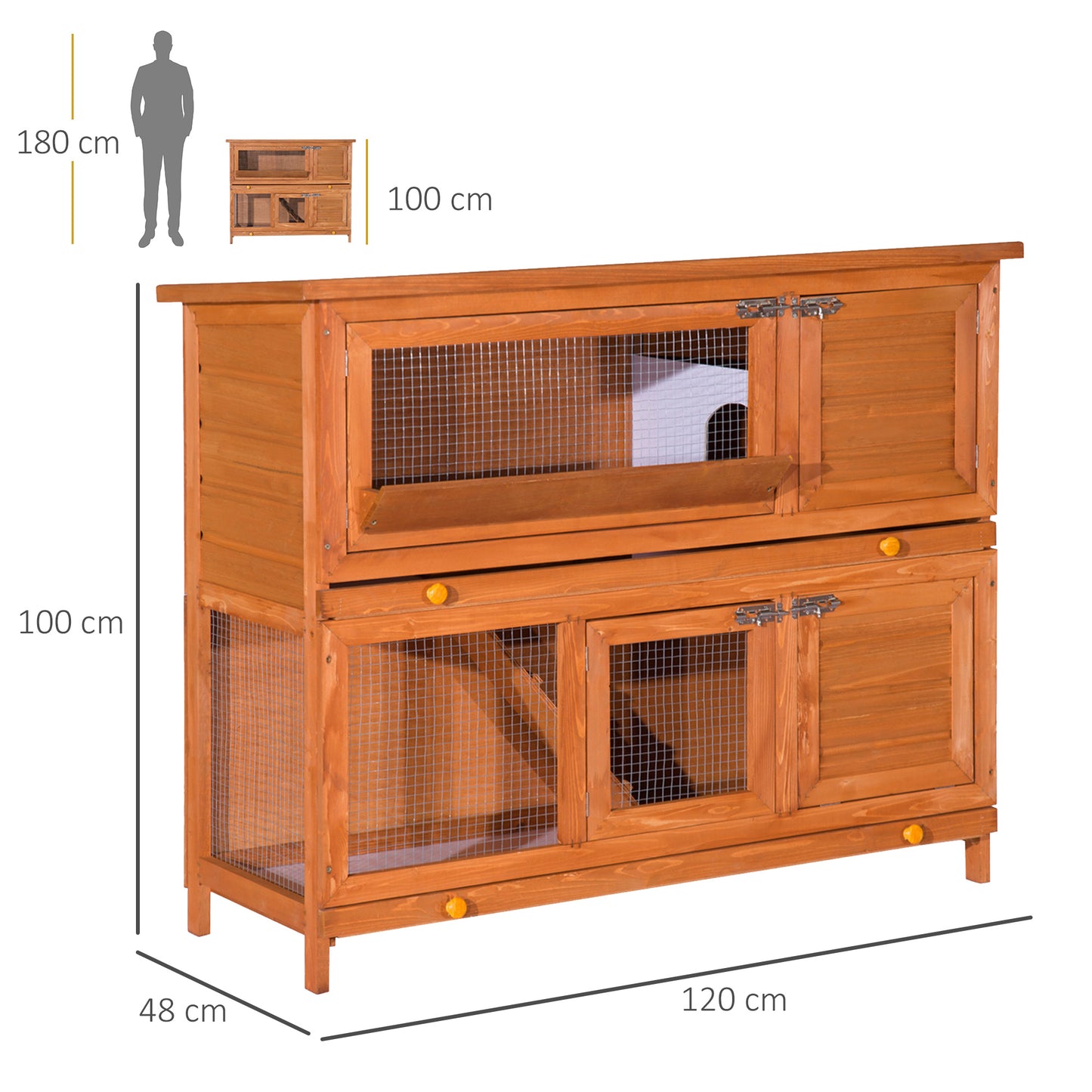 PawHut Coelheira de Madeira Exterior de 2 Níveis Gaiola para Coelhos com Teto Asfáltico Dobrável Rampa Portas e 2 Bandejas Removíveis 120x48x100cm Madeira