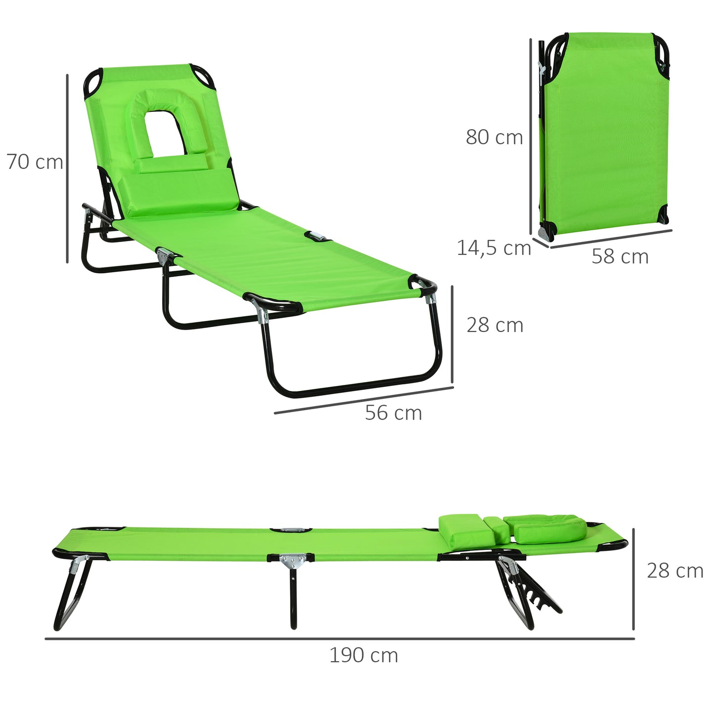 Outsunny Espreguiçadeira Dobrável com Encosto Ajustável em 4 Posições Espreguiçadeira de Jardim com Almofada Estrutura de Aço Tecido Oxford para Acampamento Praia Terraço 190x56x28cm Verde