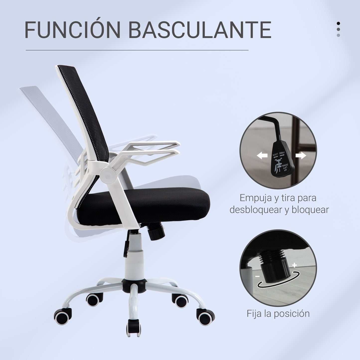 Vinsetto Cadeira de Escritório Ergonômica Cadeira de Escritório Giratória com Altura Ajustável Apoio para os Braços Dobrável Suporte Lombar e Encosto Transpirável 62,5x55x94-104cm Preto