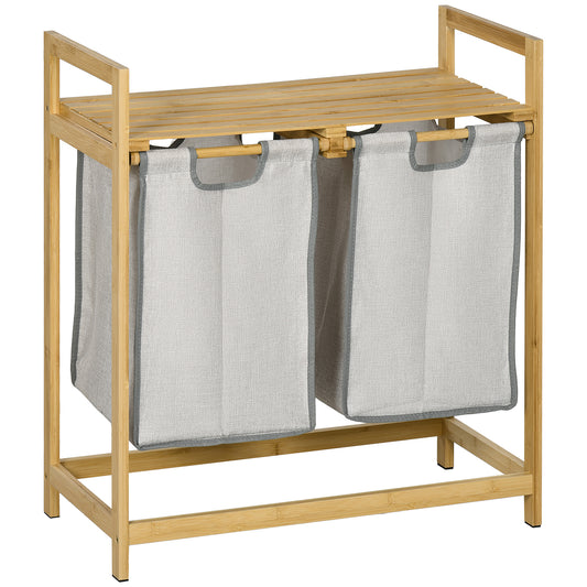 HOMCOM Cesto de Roupa de Bambu Cesto de Roupa Suja com 2 Bolsas Amovíveis e 2 Prateleiras Carga 20 kg 2x40,6L para Casa de Banho Dormitório 64x33x73 cm Madeira