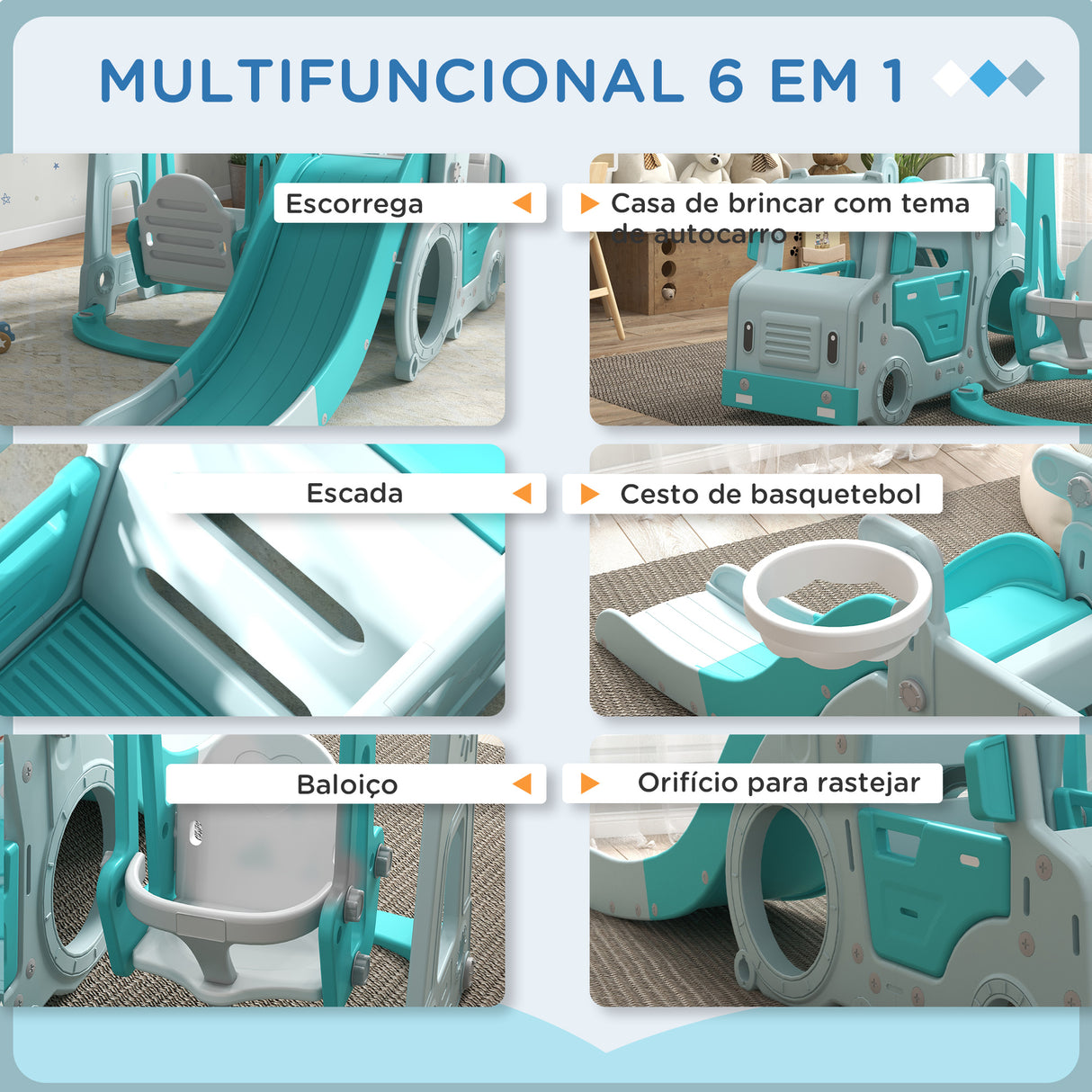 AIYAPLAY Conjunto de Escorrega e Baloiço para Crianças 6 em 1 Baloiço Infantil de 18-48 Meses Escorregador para Bebés com Buzina e Cesta de Basquetebol Carga 50 kg 201x151x87,5 cm Azul Claro