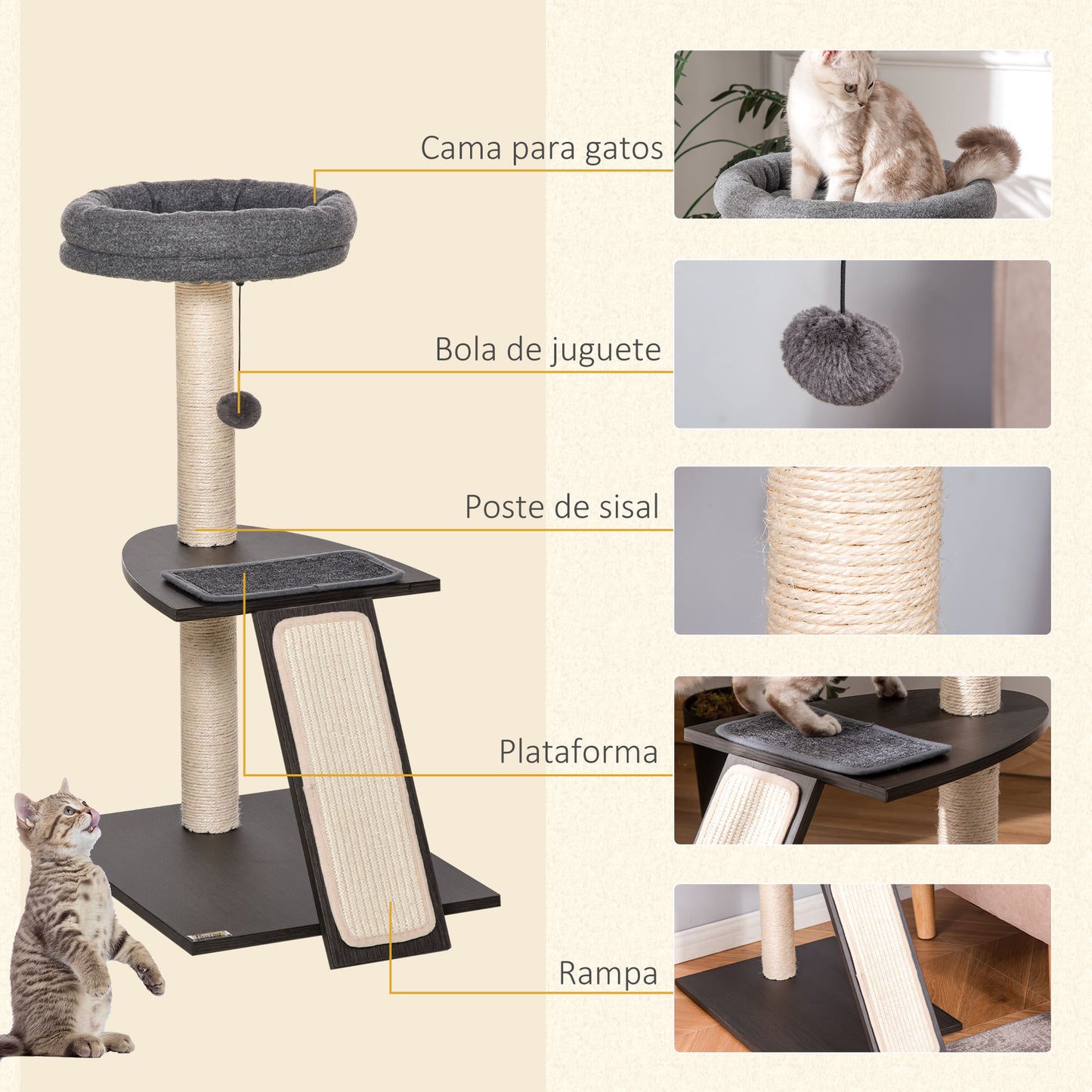 PawHut Árvore para Gatos com Múltiplas Plataformas Postes Arranhadores de Sisal Natural Cama Almofadas Removíveis com Placa Arranhadora e Bolo de Brinquedo 50x40x83,5cm Cinza