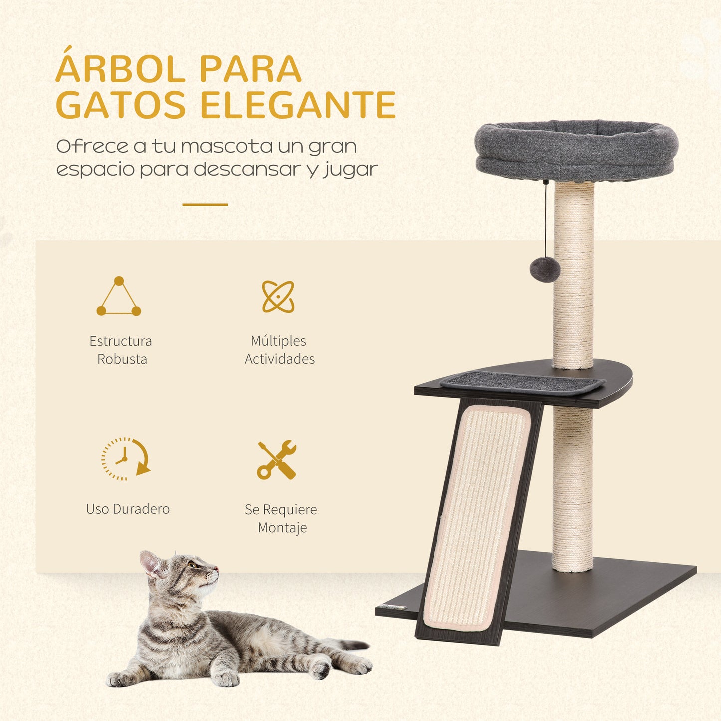 PawHut Árvore para Gatos com Múltiplas Plataformas Postes Arranhadores de Sisal Natural Cama Almofadas Removíveis com Placa Arranhadora e Bolo de Brinquedo 50x40x83,5cm Cinza