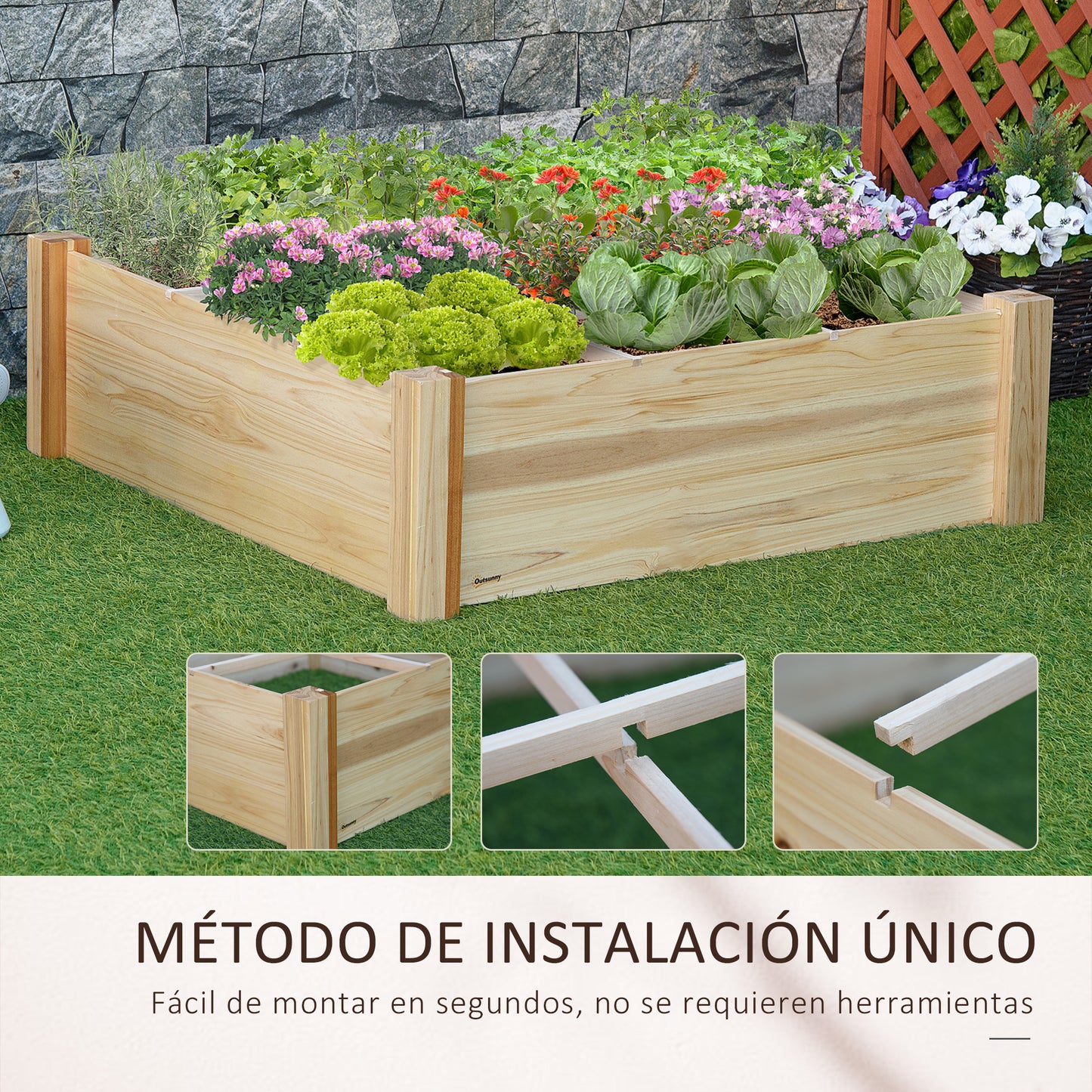 Outsunny Plantador de Madeira Quadrado com 9 Compartimentos Removíveis Plantador de Jardim para Cultivos Plantas Flores 90x90x28cm Natural